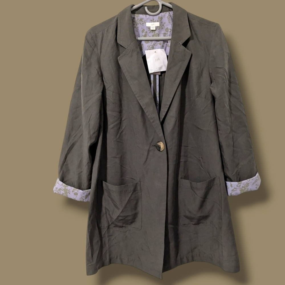 J. Jill Olive Purple Floral Soft Twill Pocket Single Button Relaxed Blazer M